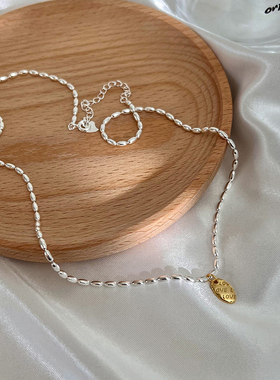 项链通体S925纯银橄榄珠金银撞色