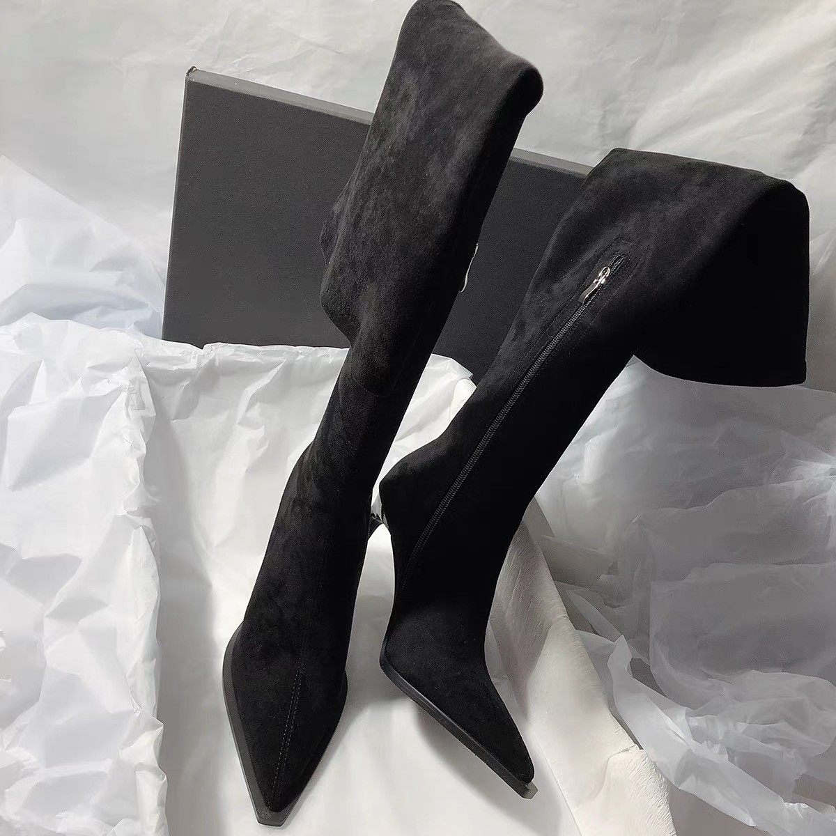 复古气质弹力靴尖头高跟长靴2025新款绒面瘦瘦细跟拉链包腿过膝靴,淘宝优惠券,粉丝福利购,淘宝优惠卷