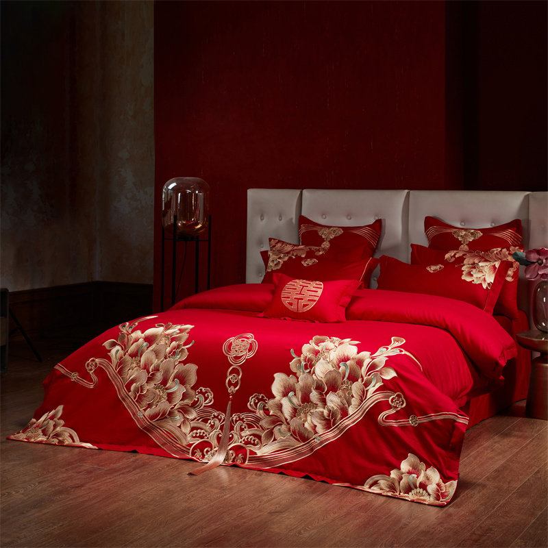 结婚庆床品四件套全棉纯棉大红色绣花新婚礼高档床上婚房被套床单,淘宝优惠券,粉丝福利购,淘宝优惠卷