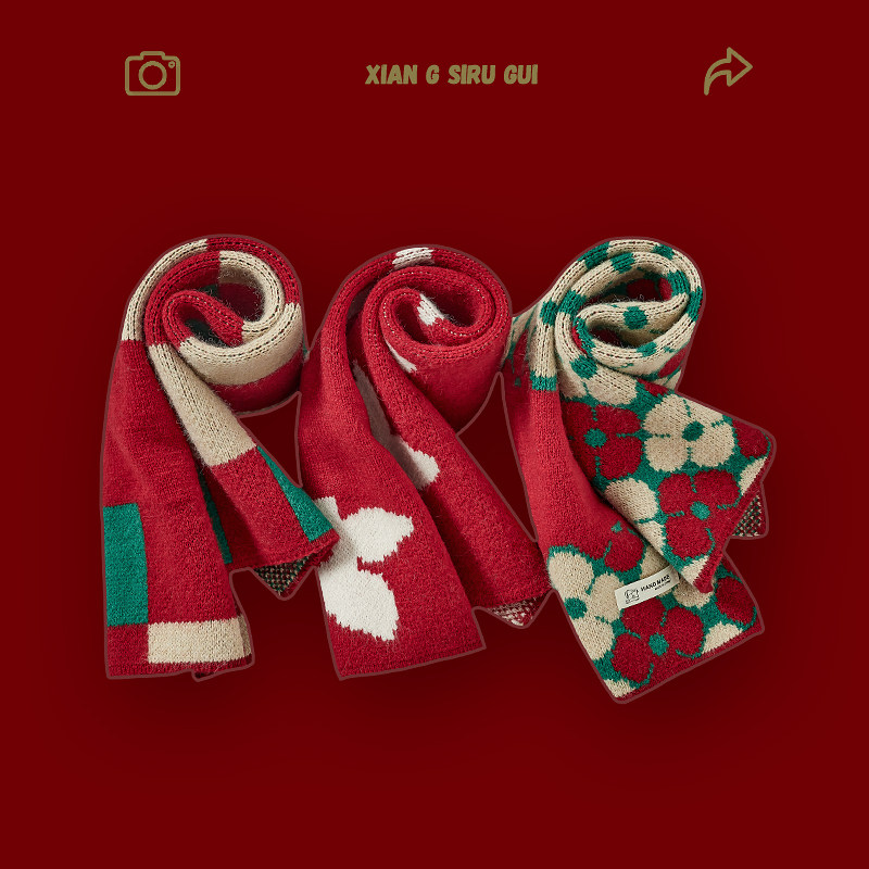 高级感大红色新年围巾礼物冬季女生可爱保暖毛线针织交叉小围脖女,淘宝优惠券,粉丝福利购,淘宝优惠卷