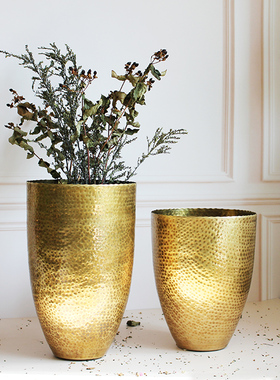 BYM黄铜花瓶复古客厅锤纹轻奢