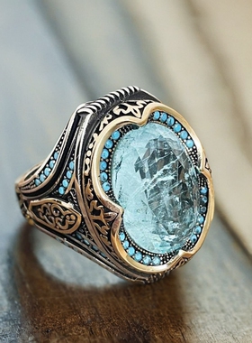 欧美时尚夸张气质戒指饰品流行分色椭圆戒指男士宝石大气宽面复古