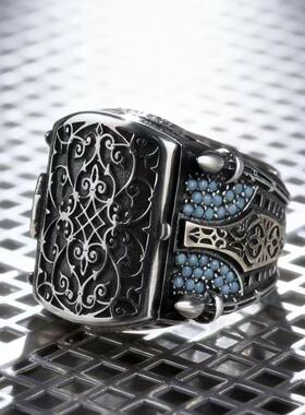 奢华雕花工艺复古翻盖戒指 美式铠甲盾牌造型男戒满钻手饰品