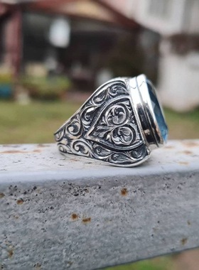 欧美绿松石男士戒指镶嵌男款复古风饰品蓝色宝石雕花戒指