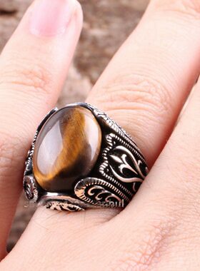 欧美饰品铜镀白K雕纹虎石戒指 男士复古时尚个性琥珀食指环