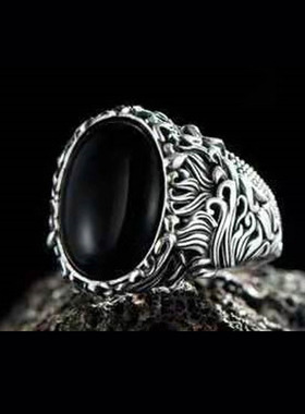 欧美复古霸气黑色椭圆注释男戒流行饰品