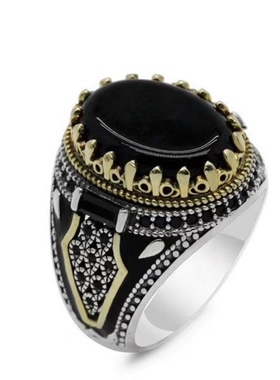 新款欧美个性复古双色男戒外贸黑色玛瑙黑宝石戒指男珠宝指环