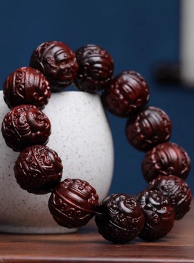 非洲紫檀血檀木DIY大富大贵款雕刻笑脸弥勒佛手串男女士念珠首饰
