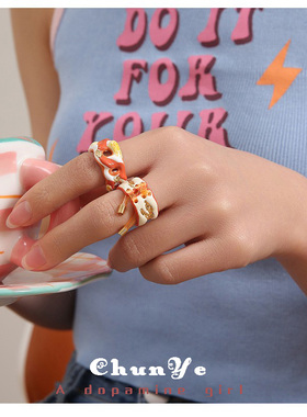 橘系绑带手工珐琅开口戒指小众女