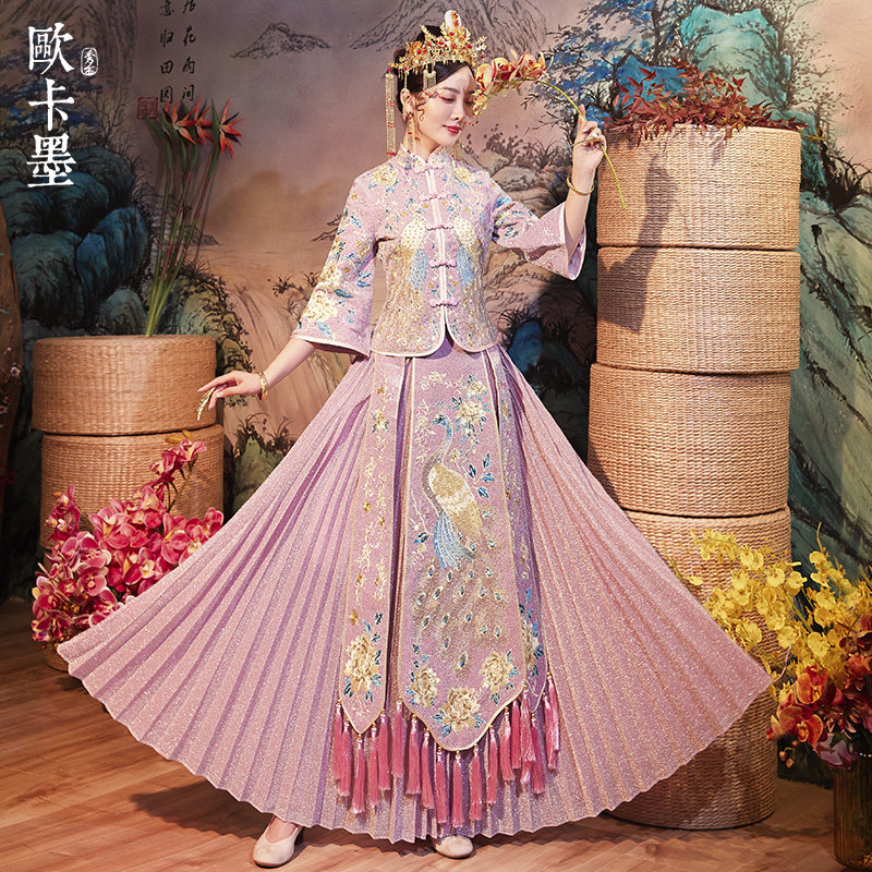 粉色秀禾服新娘2019新款秋秀敬酒服 欧卡墨旗袍