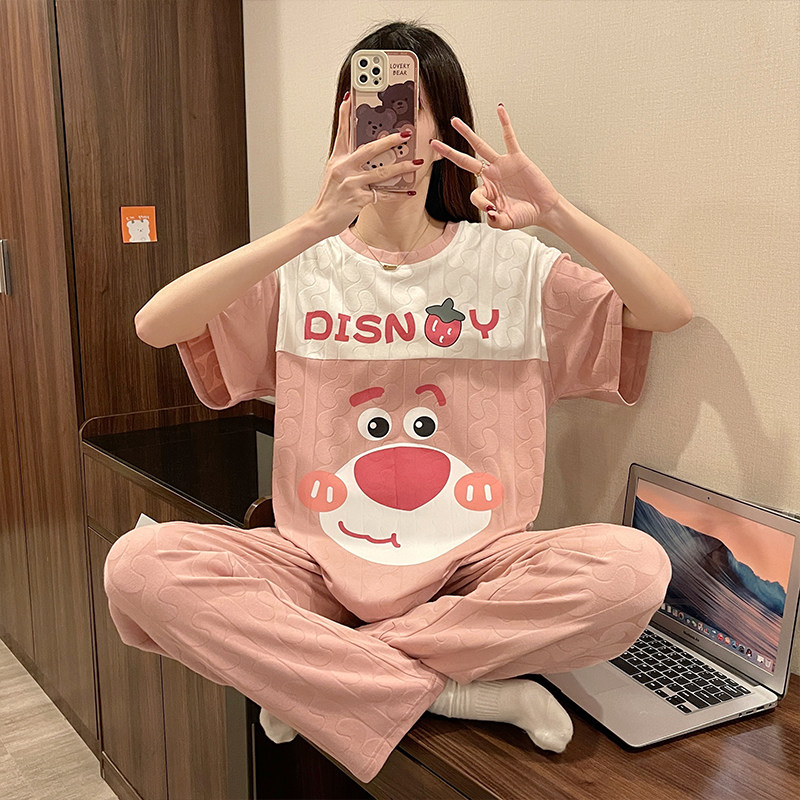 新款夏季短袖长裤宽松提花纯棉睡衣 采樱睡衣/家居服套装