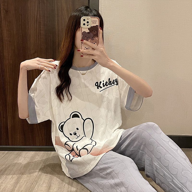 新款夏季短袖长裤宽松提花纯棉睡衣 采樱睡衣/家居服套装