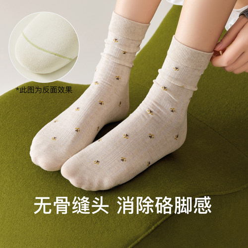 咖色袜子女款秋纯棉中筒袜复古碎花堆堆袜搭配勃肯鞋防臭女士长袜 - 图0