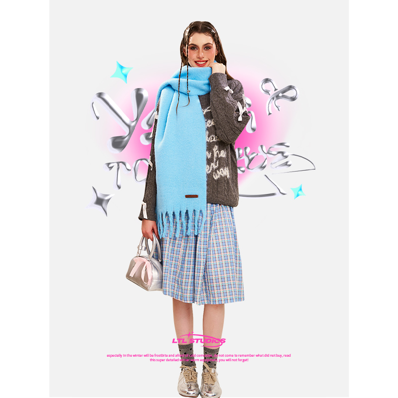【杨同学】羊绒围巾女秋冬2025新款加厚长款披肩护颈蓝色保暖围脖 - 图0