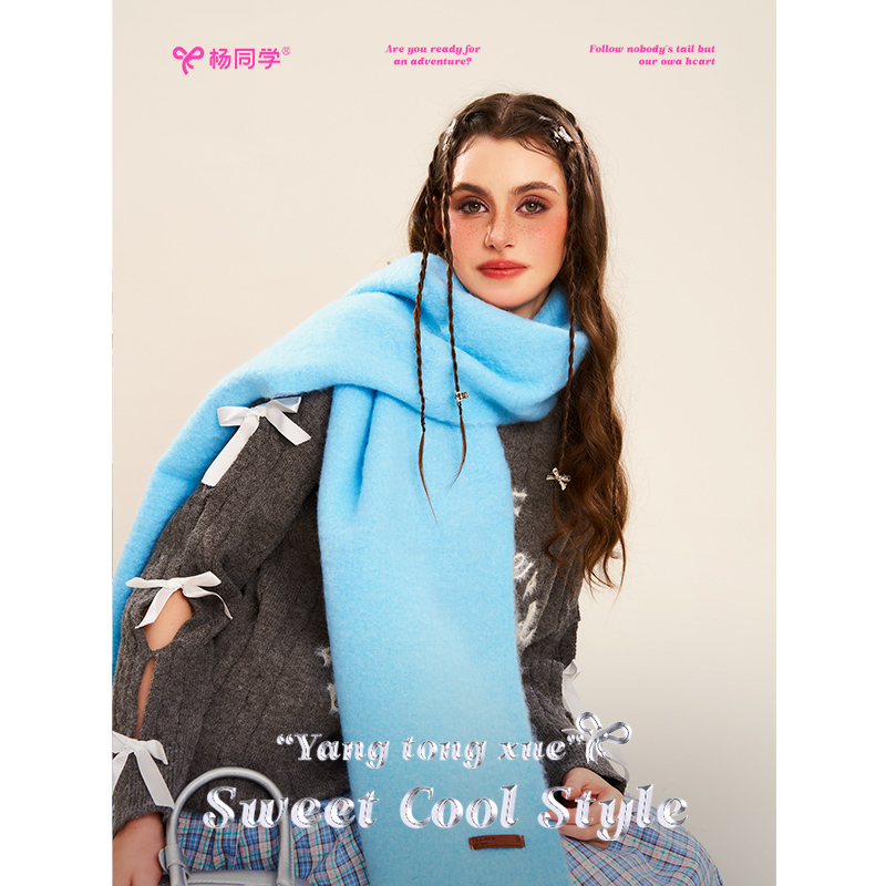 【杨同学】羊绒围巾女秋冬2025新款加厚长款披肩护颈蓝色保暖围脖 - 图2