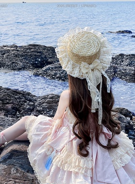 lolita手工蕾丝日系蝴蝶结草帽夏