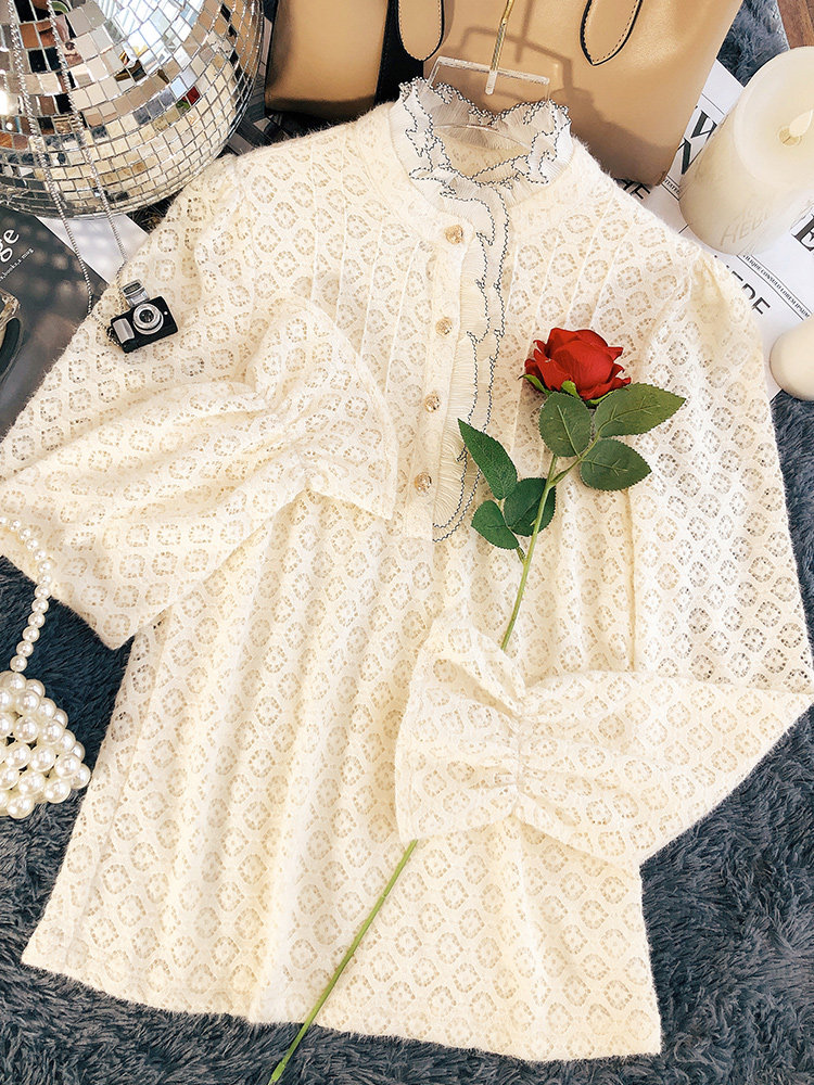 蕾丝秋冬洋气花边立领网纱内搭小衫 双潮蕾丝衫/雪纺衫