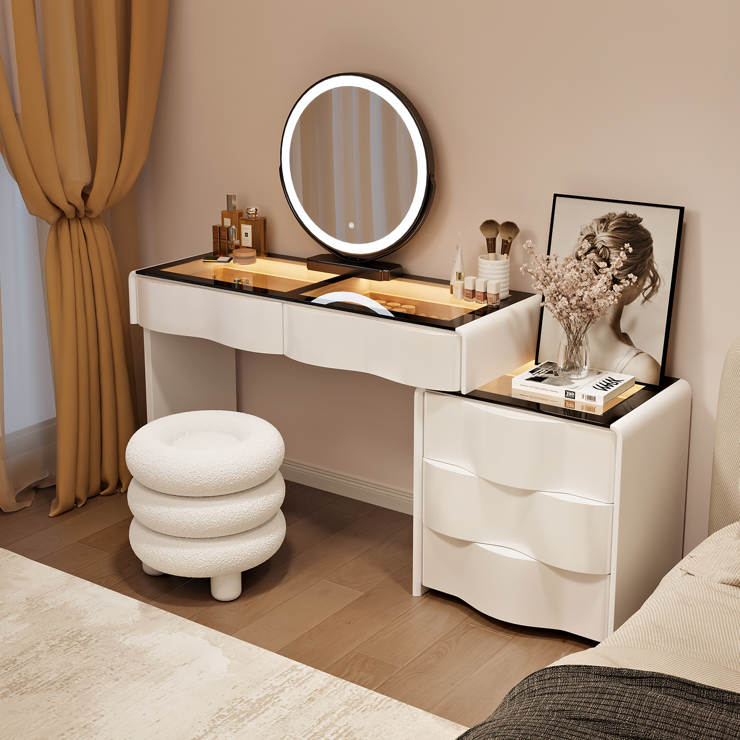 2025新款镜面梳妆台现代卧室简约斗柜一体实木化妆桌一体化妆镜 - 图1