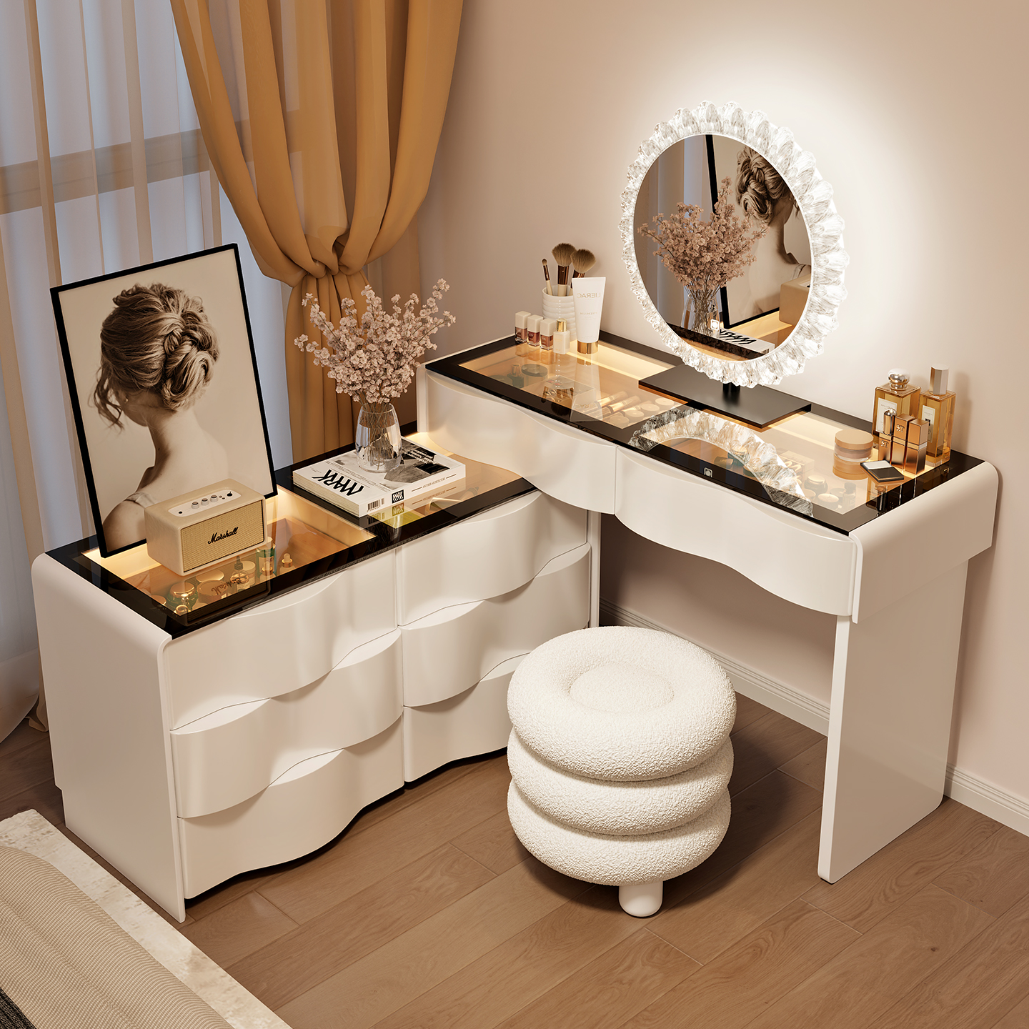 2025新款镜面梳妆台现代卧室简约斗柜一体实木化妆桌一体化妆镜 - 图3