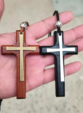 手工木制十字架项链车挂复古平安男女士长款吊坠毛衣链情侣简约潮