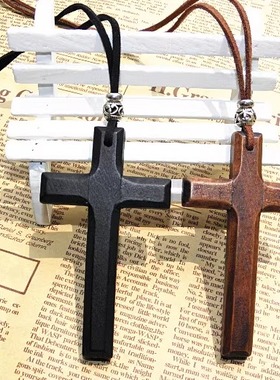 复古十字架项链木质情侣毛衣链