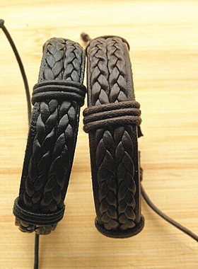 民族风新款真皮手工编织手链 男女情侣手镯手绳 原创个性饰品复古