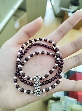 纯银石榴石手链女双圈多圈叠戴水晶手串银配件转运