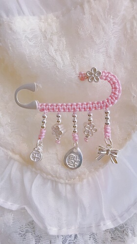 足银999宝宝压惊别针平安喜乐蝴蝶结足银别针