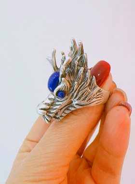 做旧款纯银龙头戒指 镶嵌青金石兴亚福银戒指 男款男式夸张食指戒