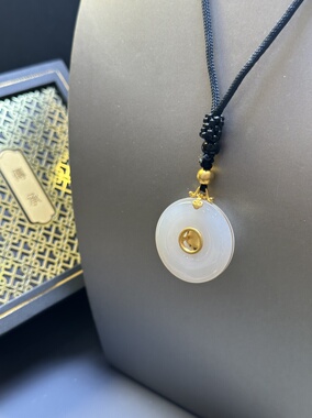 传承足金金镶玉和田玉吊坠项链