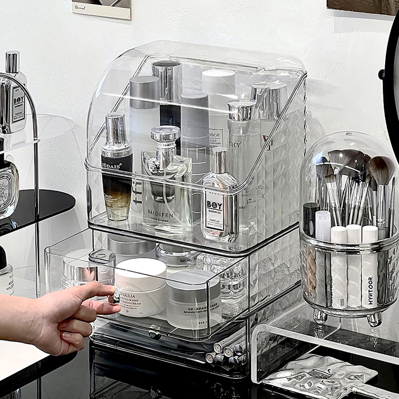 高级感化妆品桌面收纳盒抽屉式防尘梳妆台收纳箱护肤品透明置物架-图2