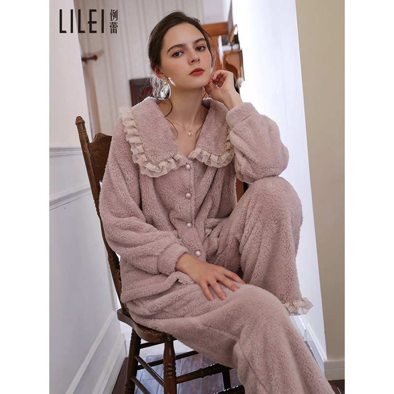 秋冬两件套法式甜美长袖珊瑚绒睡衣 例蕾睡衣/家居服套装