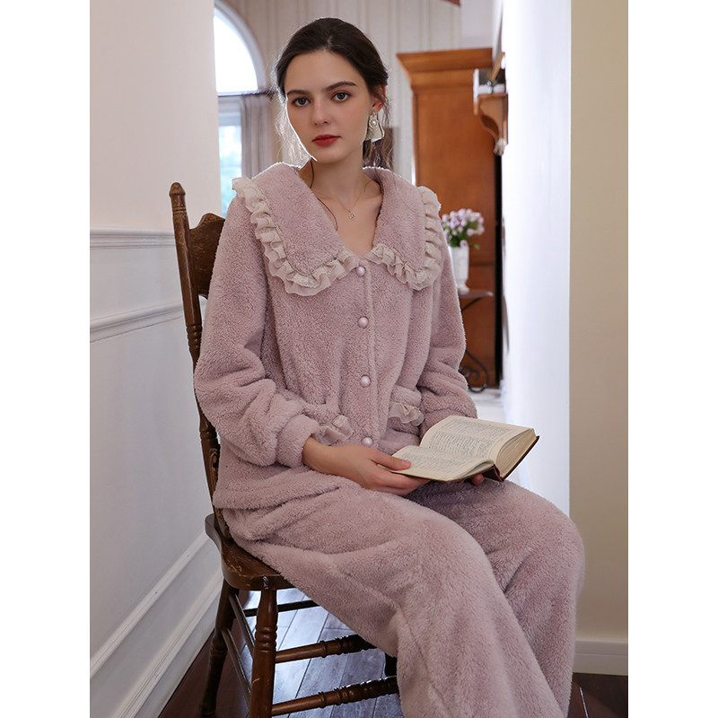 秋冬两件套法式甜美长袖珊瑚绒睡衣 例蕾睡衣/家居服套装