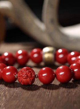 高含量天然原矿朱砂十二生肖手串帝王紫金砂S925银手链本命年饰品