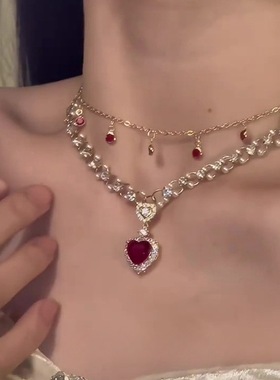 赤红之心 红色锆石爱心珍珠双层叠戴项链女轻奢高级感锁骨链项饰