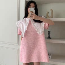 Платье для береемнных 韩国chic夏季甜美大翻领花边拼接设计宽松小个子粗花呢连衣裙短裙