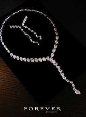 白金锆石长款Y型显瘦项链耳环女