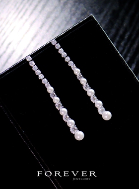 明星同款法式珍珠锆石长耳环耳坠
