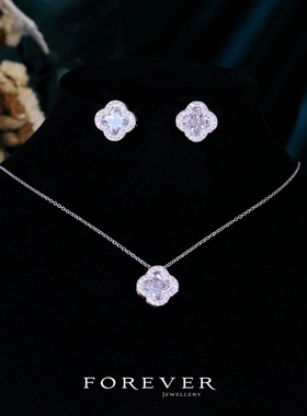 铜镀白金女士超闪四叶草项链耳环