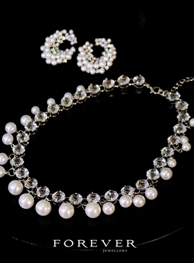 轻奢小众新娘婚礼珍珠项链耳环闪