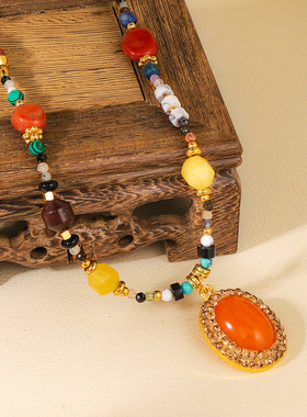 复古民族风彩色天然石串珠项链