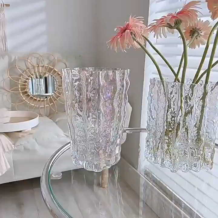 ins风高级感玫瑰鲜花客厅餐桌摆件网红轻奢冰川花瓶玻璃透明波纹,淘宝优惠券,粉丝福利购,淘宝优惠卷