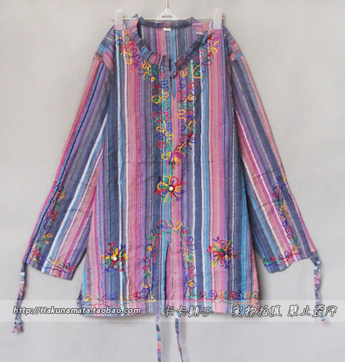 Nepalese stand collar embroidered drawstring cotton and linen fat shirt