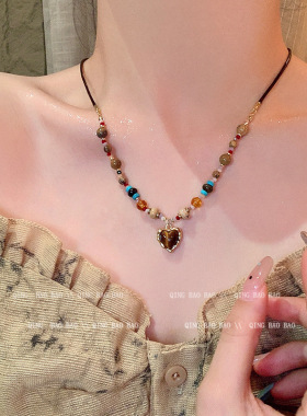 复古美拉德圆环虎眼石串珠项链女轻奢小众高级感毛衣链配饰颈链