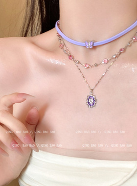 轻奢小众高级感双层叠戴十字项链女时尚百搭气质超闪紫色锆石颈链