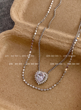 韩国双层叠戴爱心项链女轻奢小众设计感碎银子锁骨链高级气质颈链