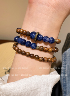 新中式双层叠带木珠手链女民族风复古蓝色水晶手串小众高级感手饰