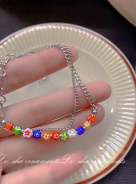 2026年新款彩色琉璃小花朵手链ins小众设计女生闺蜜简约双层手饰