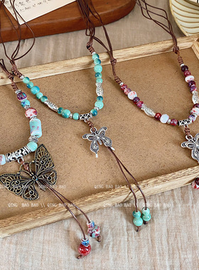 民族风复古手作陶瓷蝴蝶吊坠项链女新款新中式长款串珠卫衣链配饰