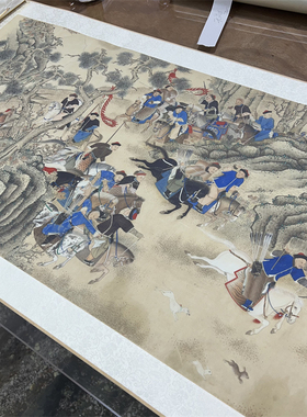 清仇英围猎图人物字国画骑射打猎横幅高清微喷复制装饰画临摹画稿